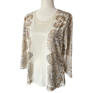 J. McLaughlin Catalina Cloth Block Paisley/Medallion 3/4 Sleeve Top XL